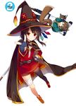  arms_behind_head bandaged_leg bandages black_gloves black_hair brown_hair button_eyes cape capelet chomusuke collar dress fingerless_gloves gloves hat highres kono_subarashii_sekai_ni_shukufuku_wo! megumin mishima_kurone official_art red_dress red_eyes satou_kazuma short_hair_with_long_locks single_thighhigh staff thighhighs witch_hat 