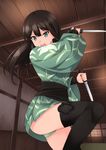  akemiho_tabi_nikki black_hair black_legwear dual_wielding green_eyes highres holding indoors japanese_clothes kouno_hikaru long_hair looking_down momochi_yurika ninja open_mouth panties pantyshot pantyshot_(standing) solo standing thighhighs underwear weapon 