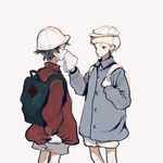  2boys asuka_ryou backpack bag black_hair blonde_hair buttons child crying devilman devilman_crybaby duo eyebrows eyes_closed fudou_akira hat multiple_boys shirt short_hair shorts simple_background tears 
