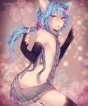  abstract_background amber_eyes animal_humanoid armwear blue_hair bottomless butt cat_humanoid clothed clothing elbow_gloves feline girly gloves hair humanoid kamochiruu legwear looking_at_viewer looking_back male mammal ponytail rear_view ribbons skimpy smile solo standing sweater thigh_highs tongue tongue_out virgin_killer_sweater 