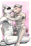  anthro balls canine dog duo glans male mammal nipples nude open_mouth penis smile tabaxitaxi traditional_media_(artwork) 