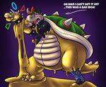 ! ... 2016 3_toes 4_fingers 5_fingers absurd_res anthro belly big_belly bowser claws clothed clothing dialogue digital_drawing_(artwork) digital_media_(artwork) english_text goo_transformation gradient_background hair hi_res horn hypnosis koopa liquid_latex male mammal mario_bros mind_control nintendo open_mouth purple_background red_hair rubber scalie shiny simple_background solo spikes spiral spiral_eyes standing stripes- teeth text toe_claws toes transformation video_games wrist_cuff 