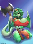  2018 5_fingers absurd_res anthro axe battle_axe big_breasts blue_background blue_bottomwear blue_clothing blue_shorts breasts cleavage clothed clothing dickgirl digital_media_(artwork) dragon ear_fins fin front_view full-length_portrait glans green_clothing green_eyes green_hair green_legwear green_scales green_stockings green_tail green_topwear green_wings hair hair_over_eye haley_sturmbringer_(character) hand_wraps hi_res holding_object holding_weapon horn huge_breasts humanoid_penis hyper hyper_breasts intersex kneeling legwear long_hair long_tail looking_at_viewer melee_weapon membranous_wings nipple_bulge penis pink_penis plankboy poking_out portrait red_clothing red_topwear scales scalie shorts signature simple_background smile solo stockings thick_tail vein veiny_penis weapon wings wraps 