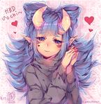  &lt;3 abstract_background blue_hair clothed clothing colored_nails fangs female front_view hair horn humanoid kamochiruu looking_at_viewer mammal not_furry open_mouth pointy_ears portrait pose red_eyes simple_background smile solo sweater textured_background turtleneck 