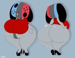  2018 absurd_res animate_inanimate anthro beady_eyes belly big_breasts big_butt bottomless breasts butt canine clothed clothing digital_media_(artwork) dog empty_eyes female floppy_ears footwear front_view hi_res high_heels huge_breasts huge_butt mammal multiple_images navel nintendo nintendo_switch rear_view regacen shirt shoes short_stack slightly_chubby smile solo standing switch_dog thick_thighs tongue tongue_out video_games wide_hips 