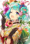  ;o animal_ears aqua_hair black_gloves blush flower gloves green_eyes hair_flower hair_ornament hair_ribbon hairclip hand_up jewelry kanchuumimai looking_at_viewer necklace one_eye_closed original ribbon shirako_mugi short_hair tail upper_body 