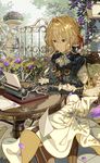 belt blonde_hair blue_dress bolo_tie boots braid brown_footwear cheese_kang commentary day dress flower green_eyes hair_between_eyes hair_ribbon highres knee_boots mechanical_arms outdoors papers parted_lips petals red_ribbon revision ribbon sitting skirt solo table tree typewriter typing violet_evergarden violet_evergarden_(character) white_skirt wind 