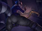  anthro bulge clothed clothing gloves hat looking_back male mammal melee_weapon nurinaki outside polearm procyonid raccoon rear_view scythe sly_cooper sly_cooper_(series) smile solo video_games weapon 
