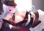  1girl azur_lane bare_shoulders bra breasts cleavage female graf_zeppelin_(azur_lane) hat highres indoors large_breasts long_hair looking_at_viewer lying mappaninatta military_uniform mouth_hold on_side panties pantyhose purple_eyes solo uniform white_bra white_hair 