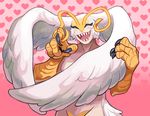  1girl breasts claws devilman eyes_closed feathered_wings feathers fray_(artist) harpy head_wings heart large_wings monster_girl nude open_mouth sharp_teeth siren_(devilman) solo teeth white_hair wings 