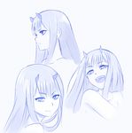  :d blue blue_background closed_mouth darling_in_the_franxx expressions eyebrows_visible_through_hair fangs from_side highres horns long_hair looking_at_viewer monochrome multiple_views nude open_mouth simple_background smile upper_body v-shaped_eyebrows viperxtr zero_two_(darling_in_the_franxx) 