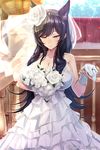  animal_ears atago_(azur_lane) azur_lane bangs bare_shoulders black_hair blush bouquet breasts bridal_veil bride cleavage closed_mouth collarbone day dress eyebrows_visible_through_hair flipped_hair flower glint gloves hair_flower hair_ornament holding jewelry large_breasts long_hair mappaninatta mole mole_under_eye outdoors railing ring rose solo_focus sparkle strapless strapless_dress sunlight swept_bangs twitter_username veil very_long_hair wedding_dress wedding_ring white_dress white_flower white_gloves white_rose 