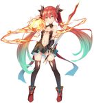  aqua_eyes argyle_cutout ass_visible_through_thighs black_legwear charme_(sennen_sensou_aigis) detached_collar dragon_horns fingerless_gloves fire full_body gloves gradient_hair highres holding holding_sword holding_weapon horns long_hair looking_at_viewer multicolored_hair nanahara_fuyuki navel official_art pointy_ears red_hair sennen_sensou_aigis simple_background smile solo standing sword thighhighs twintails very_long_hair weapon white_background yellow_eyes 