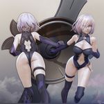  3d ass bare_shoulders black_legwear black_leotard breasts cleavage covered_nipples eyes_visible_through_hair fate/grand_order fate_(series) gloves hair_over_one_eye highleg highleg_leotard highres large_breasts leotard leslyzerosix lips looking_at_viewer mash_kyrielight multiple_views navel navel_cutout parted_lips purple_eyes purple_gloves purple_hair shield shiny shiny_hair shiny_skin short_hair skin_tight skindentation thigh_strap 
