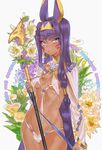  animal_ears banned_artist breasts dark_skin earrings egyptian_clothes facepaint facial_mark fate/grand_order fate_(series) flower hairband hoop_earrings jackal_ears jewelry kissai long_hair medium_breasts nitocris_(fate/grand_order) purple_hair sidelocks staff swimsuit very_long_hair white_swimsuit 