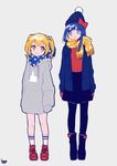  :3 beanie black_legwear blonde_hair blue_eyes blue_hair boots bow coat eye_contact hair_bow hat highres hood hoodie kisaragi_yuu_(fallen_sky) long_hair long_sleeves looking_at_another middle_finger multiple_girls oversized_clothes pantyhose pipimi polka_dot poptepipic popuko scarf scrunchie shoes short_hair sidelocks skirt sleeves_past_fingers sleeves_past_wrists socks twintails yellow_eyes yellow_scrunchie 