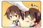  artist_name brown_eyes brown_hair chibi closed_eyes commentary_request hair_between_eyes highres holding holding_paper japanese_clothes kaga_(kantai_collection) kantai_collection minigirl multiple_girls open_mouth paper short_hair side_ponytail smile taisa_(kari) tasuki 