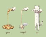  avogado6 black_eyes cat commentary_request disembodied_limb english food green_background holding holding_food longcat original pepperoni pizza stick white_cat yellow_sclera 