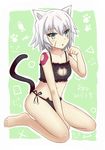  :o absurdres animal_ears bangs bare_arms bare_legs bare_shoulders barefoot between_legs black_bra black_panties blush bra breasts cat_cutout cat_ear_panties cat_ears cat_girl cat_lingerie cat_tail cleavage cleavage_cutout collarbone commentary_request dated eyebrows_visible_through_hair facial_scar fang fate/apocrypha fate/grand_order fate_(series) feiyyx frilled_bra frills green_background grey_eyes hair_between_eyes hand_between_legs highres jack_the_ripper_(fate/apocrypha) kemonomimi_mode lingerie looking_at_viewer meme_attire navel outline panties parted_lips paw_pose scar scar_across_eye scar_on_cheek short_hair shoulder_tattoo side-tie_panties signature silver_hair sitting small_breasts solo tail tattoo underwear underwear_only wariza white_outline 