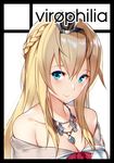  black_border blonde_hair blue_eyes border braid circle_cut crown dress french_braid hair_between_eyes jewelry kantai_collection long_hair mini_crown necklace off-shoulder_dress off_shoulder orihi_chihiro red_ribbon ribbon smile solo warspite_(kantai_collection) 