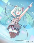  :d aqua_hair armpits arms_up bangs black_footwear black_legwear black_skirt blue_eyes blue_nails blue_neckwear blush boots collared_shirt commentary_request eyebrows_visible_through_hair fingernails full_body grey_shirt hair_between_eyes hatsune_miku holding holding_microphone index_finger_raised jumping long_hair looking_away microphone nail_polish necktie no_detached_sleeves okota_mikan open_mouth outstretched_arm pleated_skirt shirt skirt sleeveless sleeveless_shirt smile solo thigh_boots thighhighs tie_clip twintails twitter_username very_long_hair vocaloid wrist_cuffs 