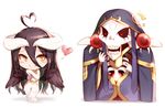  1boy 1girl ahoge ainz_ooal_gown albedo bare_shoulders black_hair black_sclera blush_stickers chibi closed_mouth commentary_request demon_girl dress elbow_gloves eyebrows_visible_through_hair gloves hair_between_eyes hand_up heart heart_ahoge hood hood_up horns kyuri_tizu long_hair looking_at_another overlord_(maruyama) own_hands_together red_eyes robe sanpaku simple_background skeleton smile standing white_background white_dress wings 