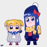  :3 beanie bkub_(style) black_legwear blonde_hair blue_eyes blue_hair boots bow coat eye_contact hair_bow hat hood hoodie kisaragi_yuu_(fallen_sky) long_hair long_sleeves looking_at_another middle_finger multiple_girls oversized_clothes pantyhose pipimi polka_dot poptepipic popuko scarf scrunchie shoes short_hair sidelocks skirt socks twintails yellow_eyes yellow_scrunchie 