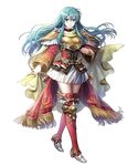  armor blue_eyes blue_hair boots bracelet breastplate cape detached_sleeves earrings eirika fire_emblem fire_emblem:_seima_no_kouseki fire_emblem_heroes full_body highres holding_cape jewelry long_hair long_sleeves looking_at_viewer mayachise official_art open_mouth pleated_skirt red_footwear shoulder_armor shoulder_pads sidelocks skirt smile solo standing thigh_boots thighhighs transparent_background white_skirt wide_sleeves zettai_ryouiki 