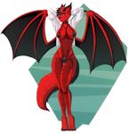  anthro bikini breasts canine clothed clothing dragon female hair horn hybrid knight_dd looking_at_viewer mammal open_shirt redwolfofdeath sling_bikini solo standing swimsuit thigh_gap wide_hips wings 