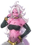  android_21 black_sclera bow_(bhp) bracelet breasts candy cleavage detached_sleeves dragon_ball dragon_ball_fighterz food hand_on_hip jewelry large_breasts long_hair looking_at_viewer majin_android_21 messy_hair navel open_mouth pink_skin red_eyes saliva saliva_trail simple_background smile solo stomach tongue tongue_out white_background white_hair 