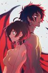  1boy 1girl ahoge black_hair blood breasts brown_hair crying demon_wings devilman devilman_crybaby duo eyebrows fudou_akira green_eyes makimura_miki nude red_eyes shirtless short_hair smile tears wings 