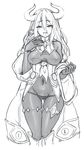  ass_visible_through_thighs barbariank blush bodysuit boots breasts breasts_apart covered_navel covered_nipples cowboy_shot dark_strategist_(monster_girl_encyclopedia) eyebrows_visible_through_hair greyscale hand_up highres horns large_breasts legs_together long_hair long_sleeves monochrome monster_girl_encyclopedia nose_blush off_shoulder panties parted_lips pointy_ears see-through simple_background skindentation smile solo standing thigh_gap underwear white_background wide_sleeves 