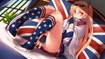  american_flag_legwear azur_lane bangs bed black_gloves blonde_hair blush capelet cleveland_(azur_lane) curtains deal_with_it eyebrows_visible_through_hair fingerless_gloves fisheye gloves hair_ornament highres indoors long_hair looking_at_viewer multicolored multicolored_clothes multicolored_legwear no_shoes one_side_up orange_eyes panties pantyshot pantyshot_(sitting) pillow plant pleated_skirt potted_plant roten_(rotenburo) side-tie_panties sitting skirt solo sunglasses underwear union_jack very_long_hair white_panties window 