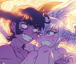  2boys asuka_ryou black_hair blonde_hair blue_eyes blush devilman duo eyebrows feathered_wings feathers fudou_akira head_wings multiple_boys nude piopyo purple_eyes satan_(devilman) shirtless short_hair sideburns smile teeth wings 