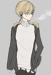  black_legwear blonde_hair blue_eyes breath chisumi commentary_request dress earphones eyebrows_visible_through_hair fur_trim grey_background grey_sweater hair_between_eyes hand_in_pocket jacket long_sleeves open_clothes open_jacket original parted_lips short_hair simple_background sketch solo standing sweater sweater_dress thighhighs walking 