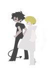  2boys asuka_ryou black_hair black_pants black_shirt blonde_hair coat demon_tail devilman devilman_crybaby duo eyebrows fudou_akira green_eyes multiple_boys pants shirt short_hair simple_background tail white_background white_coat white_pants 