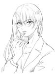  applying_makeup bangs breasts cleavage commentary_request fingernails glasses greyscale hand_up highres holding jacket lipstick_tube long_hair looking_at_viewer medium_breasts monochrome nikaidou_kou original parted_lips shirt simple_background sketch solo upper_body white_background 