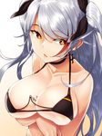  anchor_symbol azur_lane bangs bikini black_bikini black_ribbon blush breasts brown_eyes cleavage collarbone commentary_request cross cross_earrings earrings eyebrows_visible_through_hair floating_hair hair_ribbon iron_cross jewelry large_breasts long_hair looking_at_viewer mole multicolored_hair open_mouth prinz_eugen_(azur_lane) red_hair ribbon sidelocks silver_hair simple_background skindentation smile solo streaked_hair swimsuit two_side_up very_long_hair yagitori 