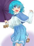  adapted_costume blue_eyes blue_hair blue_skirt bow breasts bright_pupils capelet geta gradient gradient_background hair_bow hands_up heterochromia high-waist_skirt highres holding holding_umbrella long_sleeves looking_at_viewer medium_breasts open_mouth purple_background red_eyes skirt smile solo standing standing_on_one_leg tatara_kogasa touhou tyouseki umbrella white_background 