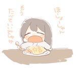 akagi_(kantai_collection) artist_name black_hair blush chibi closed_eyes commentary food food_on_face holding holding_spoon ina_(1813576) japanese_clothes kantai_collection kimono long_hair long_sleeves omurice open_mouth plate simple_background smile solo spoon translated upper_body white_kimono 