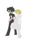  2boys asuka_ryou black_hair black_pants black_shirt blonde_hair coat devilman devilman_crybaby duo eyebrows fudou_akira green_eyes multiple_boys pants shirt short_hair simple_background white_background white_coat white_pants 