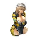  breasts brown_hair cleavage closed_eyes cropped_legs drooling eyebrows_visible_through_hair hat katrina_company large_breasts official_art short_hair solo super_robot_wars super_robot_wars_x-omega transparent_background v_arms watanabe_wataru 