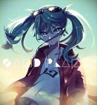  aqua_eyes aqua_hair earrings eyewear_on_head hatsune_miku highres jacket jewelry kisaragi_yuu_(fallen_sky) long_hair looking_at_viewer solo suna_no_wakusei_(vocaloid) sunglasses twintails vocaloid 