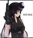  bangs black_hair blunt_bangs brown_hair closed_mouth gloves goggles gun highres holding holding_gun holding_weapon keenh letterboxed long_hair microphone original profile rifle signature simple_background solo trigger_discipline weapon white_background 