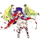  amagai_tarou bangs dragon_girl dragon_wings dress fire_emblem fire_emblem:_seima_no_kouseki fire_emblem_heroes floating floating_object frills full_body gem highres jewelry lace long_hair mamkute multi-tied_hair myrrh official_art one_eye_closed open_mouth purple_hair red_eyes sandals scar solo torn_clothes transparent_background twintails wings wristband 