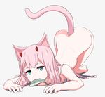  :3 absurdres animal_ears aqua_eyes ass babai_hu bangs cat_ears cat_tail commentary_request darling_in_the_franxx eyebrows_visible_through_hair fingernails fish full_body grey_background highres horns kemonomimi_mode long_hair looking_at_viewer mouth_hold nude pink_hair simple_background solo tail top-down_bottom-up zero_two_(darling_in_the_franxx) 