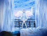  ahma angel_wings arms_at_sides balcony bangs_pinned_back barefoot bed bed_sheet bedroom blue blue_sky building city closed_eyes cloud commentary_request copyright_request curtains facing_viewer feathered_wings indoors knees_together_feet_apart long_sleeves on_railing pensive railing rain robe short_hair silver_hair sitting sky skyscraper solo thigh_gap white_wings wide_shot wings 