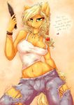  &lt;3 anthro anthrofied applejack_(mlp) big_breasts blonde_hair blush bracelet breasts clothed clothing dialogue dimwitdog earth_pony english_text equine female freckles friendship_is_magic fur green_eyes hair half-closed_eyes hat hi_res holding_object holding_weapon horse jeans jewelry knife long_hair looking_at_viewer mammal my_little_pony naughty_face navel nipple_slip nipples open_mouth orange_fur pants pony pose seductive shiny shirt simple_background smile solo standing suggestive tan_background tank_top teeth text tied_hair tongue topless torn_clothing weapon wide_hips wristband 