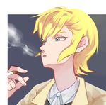  1boy asuka_ryou blonde_hair blue_eyes cigarette devilman eyebrows jacket navel open_mouth shirt short_hair sideburns smoke smoking solo 