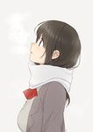  bow bowtie breasts breath brown_eyes brown_hair cardigan commentary_request copyright_request enpera from_side grey_background grey_jacket jacket kawai_makoto long_hair long_sleeves looking_up medium_breasts parted_lips profile red_neckwear scarf school_uniform signature simple_background solo upper_body white_scarf 